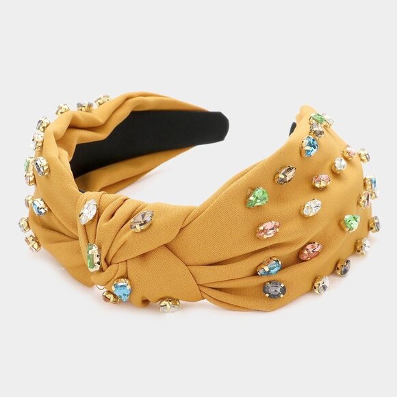 22. Mustard Teardrop Marquise Stone Embellished Knot Burnout Headband - Picture 1 of 1